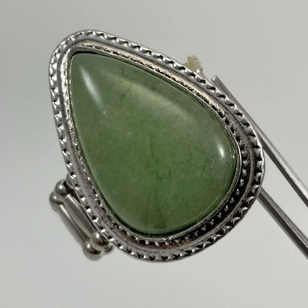 Aventurine Stone Tear Drop Cut Silver Tone Boho Stretch Ring Statement Sz 7 - 10